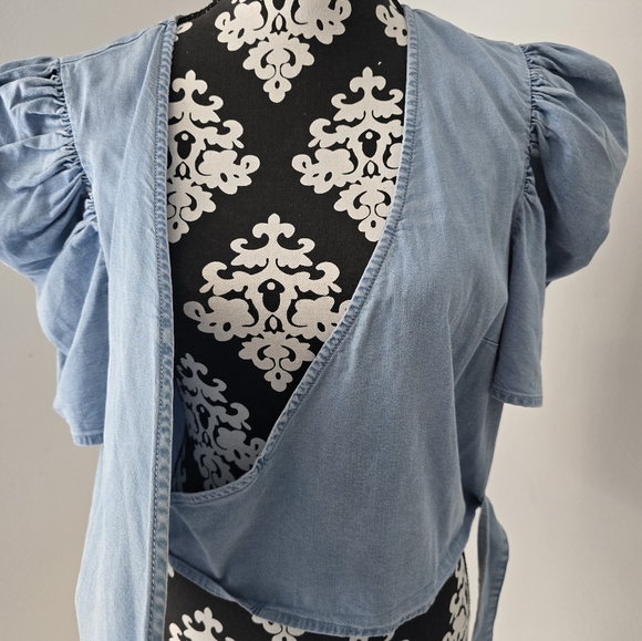 Bar III Elegant Sky Blue Puff Sleeve Wrap Blouse Size XL - Picture 8 of 16